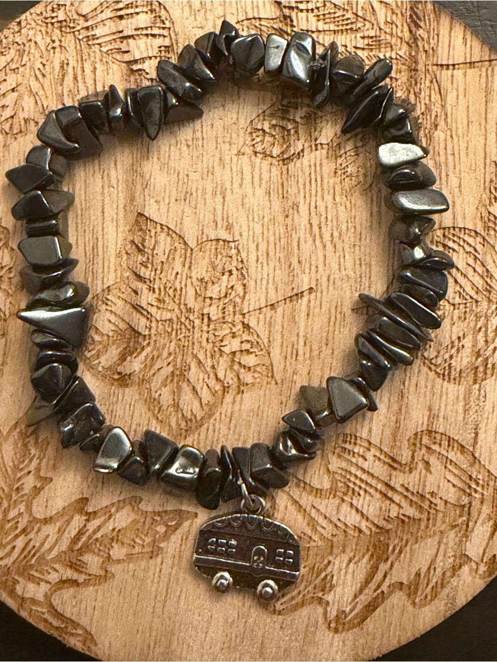 Genuine Hematite Chip Stretch Bracelet with Caravan Charm - Metallic Gray